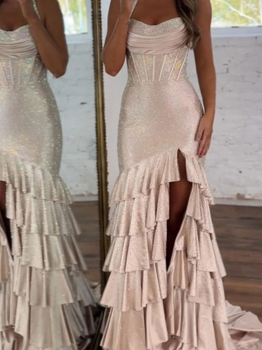 Red Shimmer Halter Tiered Ruffle Long Prom Dress with Slit