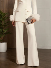 Women White Buckle Feather-trimmed Crew Neck Long Sleeve Dressy Top With Pants Two-Piece Set