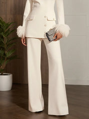 Women White Buckle Feather-trimmed Crew Neck Long Sleeve Dressy Top With Pants Two-Piece Set