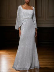 Silver Rhinestone Sequin Square Neck Three Quarter Sleeve Sheath Gown Dress