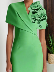 Green 3D Floral Classic V Neck Short Sleeve Sheath Midi Dress
