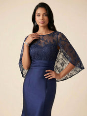 Navy Blue Flutter Sleeves Mermaid Evening Gown with Lace Capelet