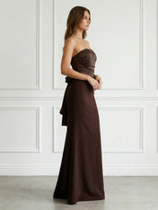 Brown Strapless Satin Mermaid Maxi Dress with Bow
