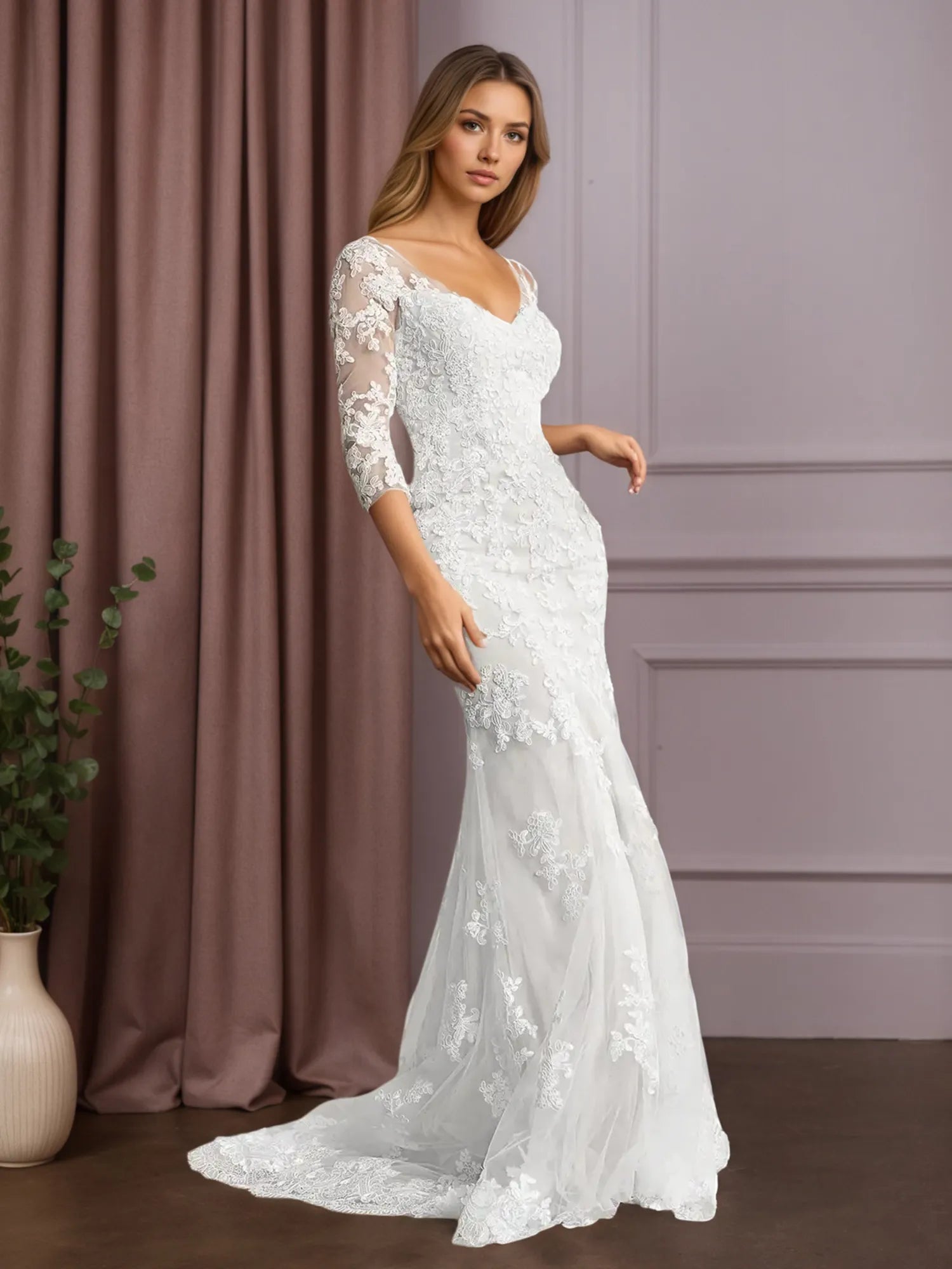 White Mermaid V-Neck Lace Tulle Wedding Dress
