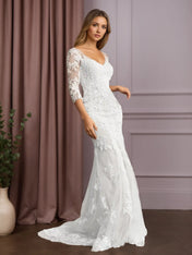 White Mermaid V-Neck Lace Tulle Wedding Dress