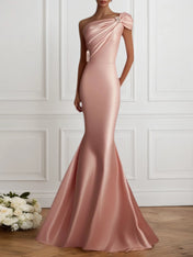 Evening Formal Satin Dress Light Pink One Shoulder Mermaid Maxi Gown