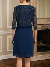 Purplish blue Women Lace Crew Neck Half Sleeve Dress With Coat Two-Piece Set