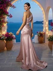 Dusty Pink One Shoulder Evening Dress with Pleat Mermaid Maxi Dress