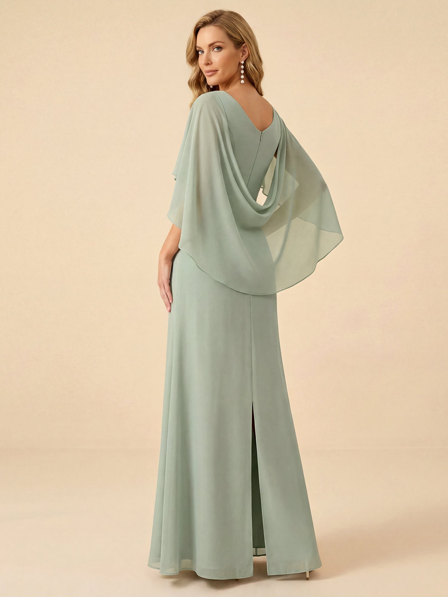 Sage Green Chiffon Beaded Mother of the Bride Dress with Cape Sleeves