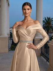 Formal Evening Dress Champagne Long Sleeves Maxi Dress with Belt