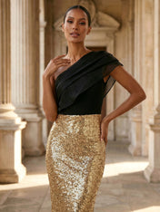Black and Gold One Shoulder Ruched Sequin Maxi Evening Dress