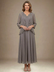 A-line V-Neck Ankle-Length Chiffon Mother of the Bride Dress With Sequins Appliques Lace Beading