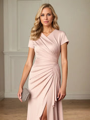 Ruched Satin Sheath/Column Satin Mother of the Bride Dress with Slit