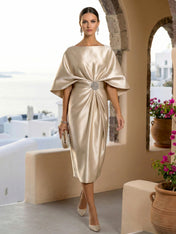 Half Sleeves Mermaid Satin Tea Length Long Evening Dresses with 3D Flower