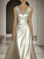 Evening Prom Satin Dress Off-White Sleeveless V-Neck Maxi Dress
