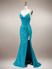 Green Mermaid Sparkly Spaghetti Straps Corset Long Prom Dress with Slit