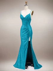 Green Mermaid Sparkly Spaghetti Straps Corset Long Prom Dress with Slit
