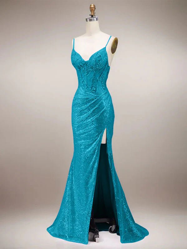 Green Mermaid Sparkly Spaghetti Straps Corset Long Prom Dress with Slit
