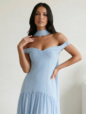 Light Blue Off the Shoulder A Line Maxi Dress with Pleat