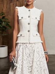 Women Tweed White Buckle Pocket Stitching Crew Neck Sleeveless Dressy Coat With Skirt Two-Piece Set