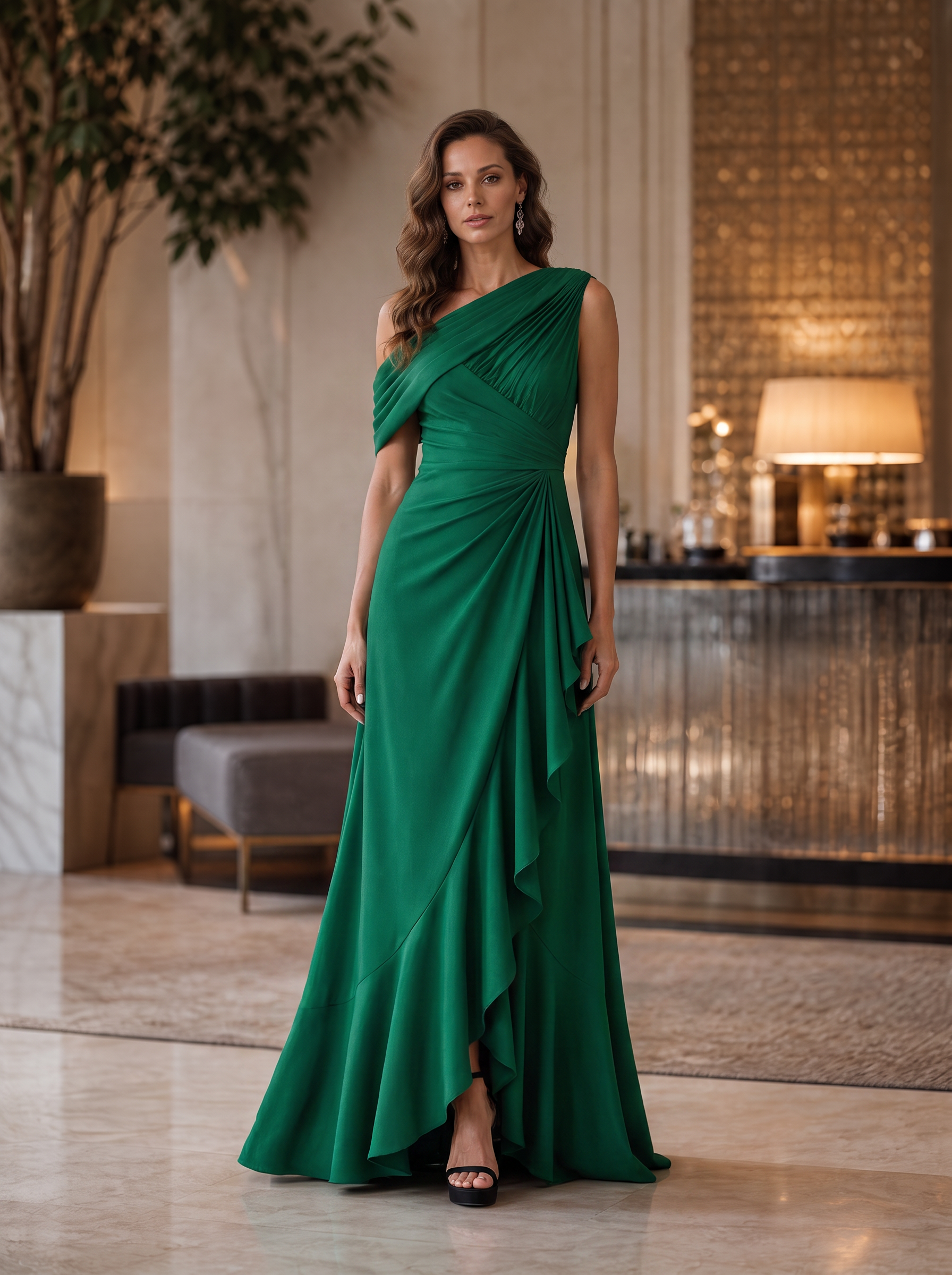 Dusty Pink One-Shoulder Ruched Chiffon A-Line Floor-Length Gown Dress