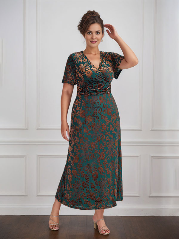 Vintage Plain V-Neck Short Sleeves Velvet Tea-Length Mother of the Bride Dress With Slit