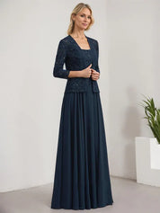 Robe de mère de la mariée trapèze carrée, longueur au sol, en mousseline de soie et dentelle, avec paillettes 