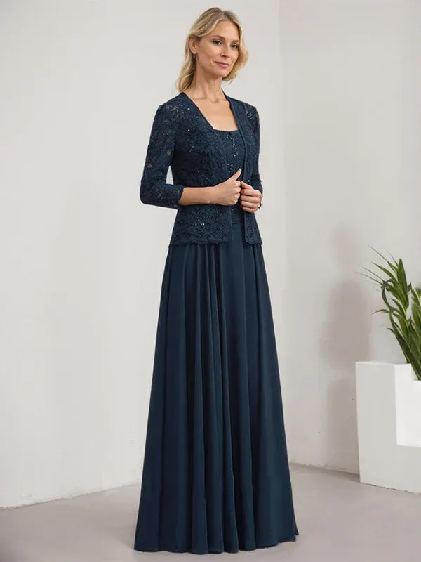 Robe de mère de la mariée trapèze carrée, longueur au sol, en mousseline de soie et dentelle, avec paillettes 