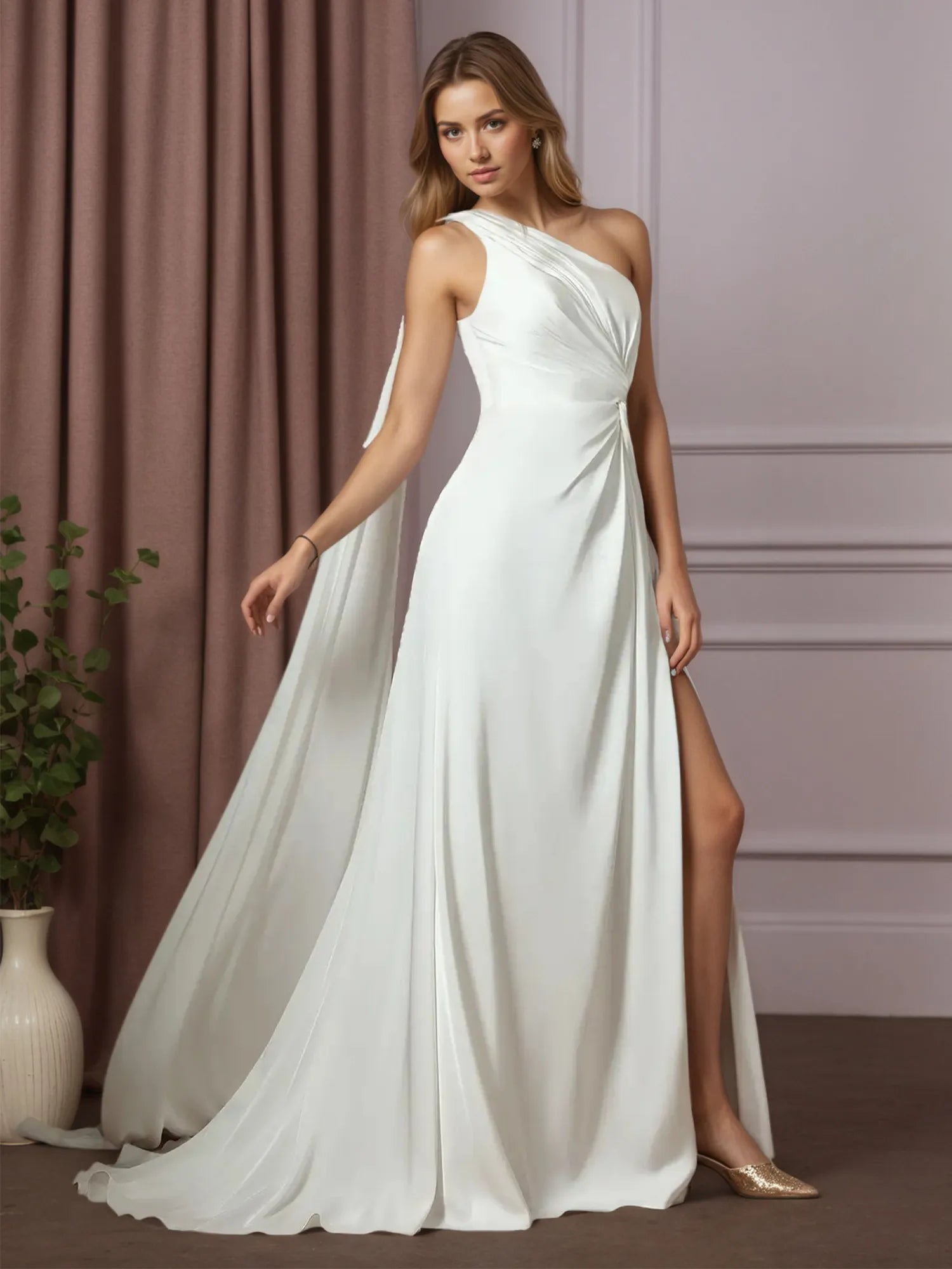 White A-Line One Shoulder Stretch Satin Wedding Dress