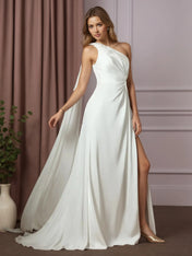 White A-Line One Shoulder Stretch Satin Wedding Dress