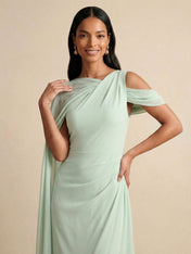 Sage Green Cape Sleeve Chiffon Evening Dress with Ruched Waist