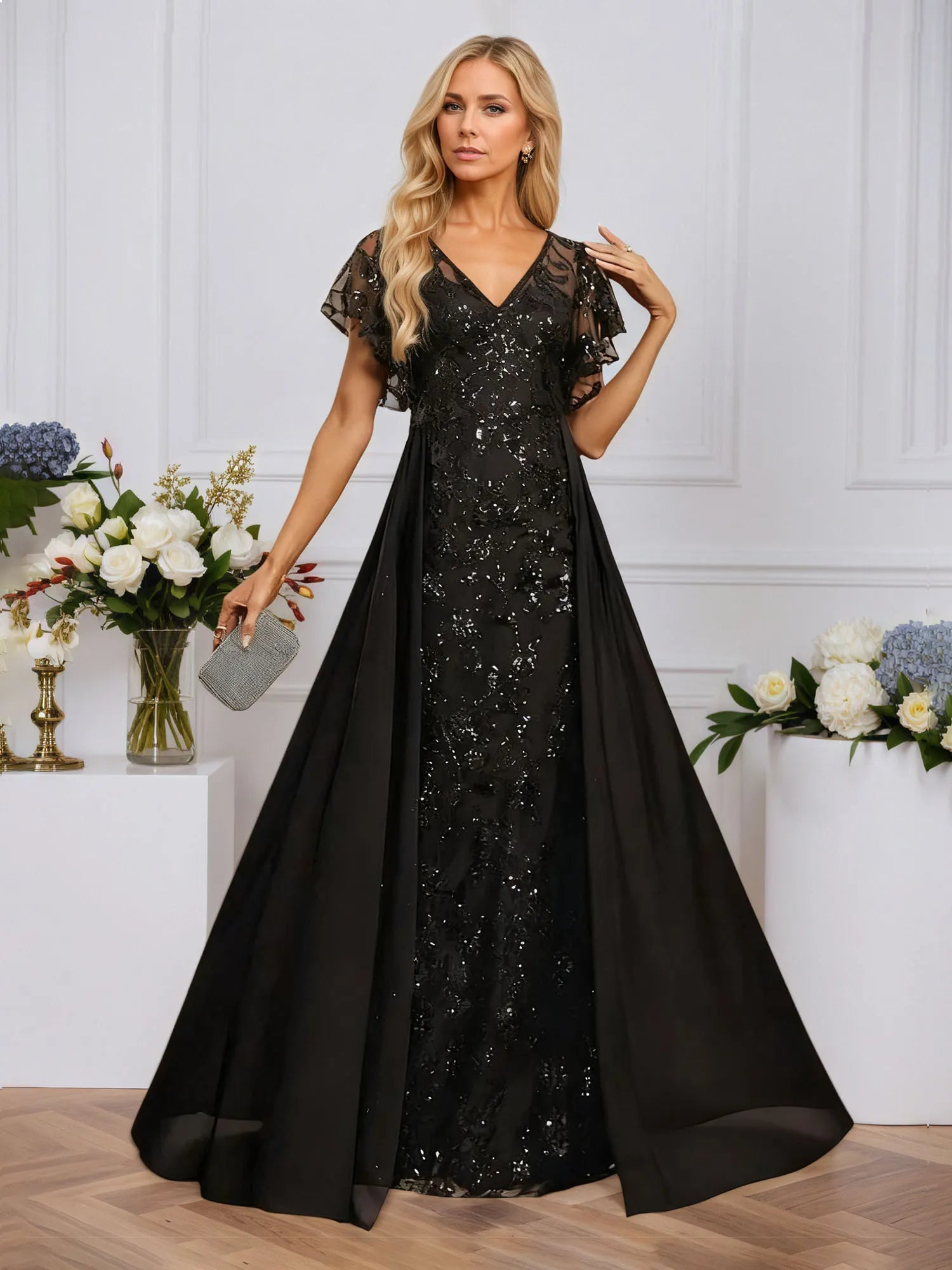 Column Illusion V-Neck Floor-Length Sequin Chiffon Lace Evening Dress With Overskirt