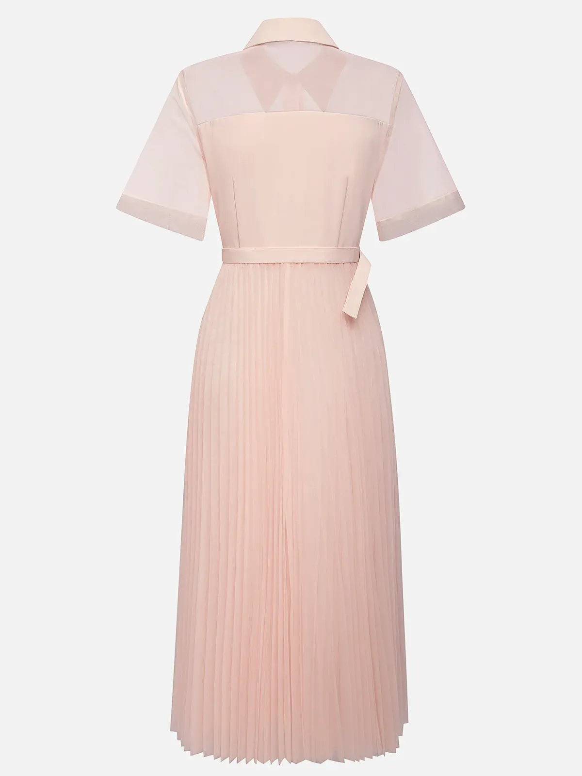 Pink Pleated Classic Shirt Collar Short Sleeve A-Line Midi Dress