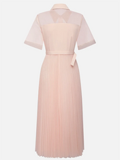 Pink Pleated Classic Shirt Collar Short Sleeve A-Line Midi Dress