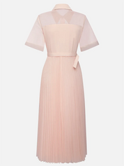 Pink Pleated Classic Shirt Collar Short Sleeve A-Line Midi Dress