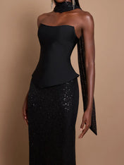 Off-Shoulder Bandage Top & Sequin Midi Skirt Set