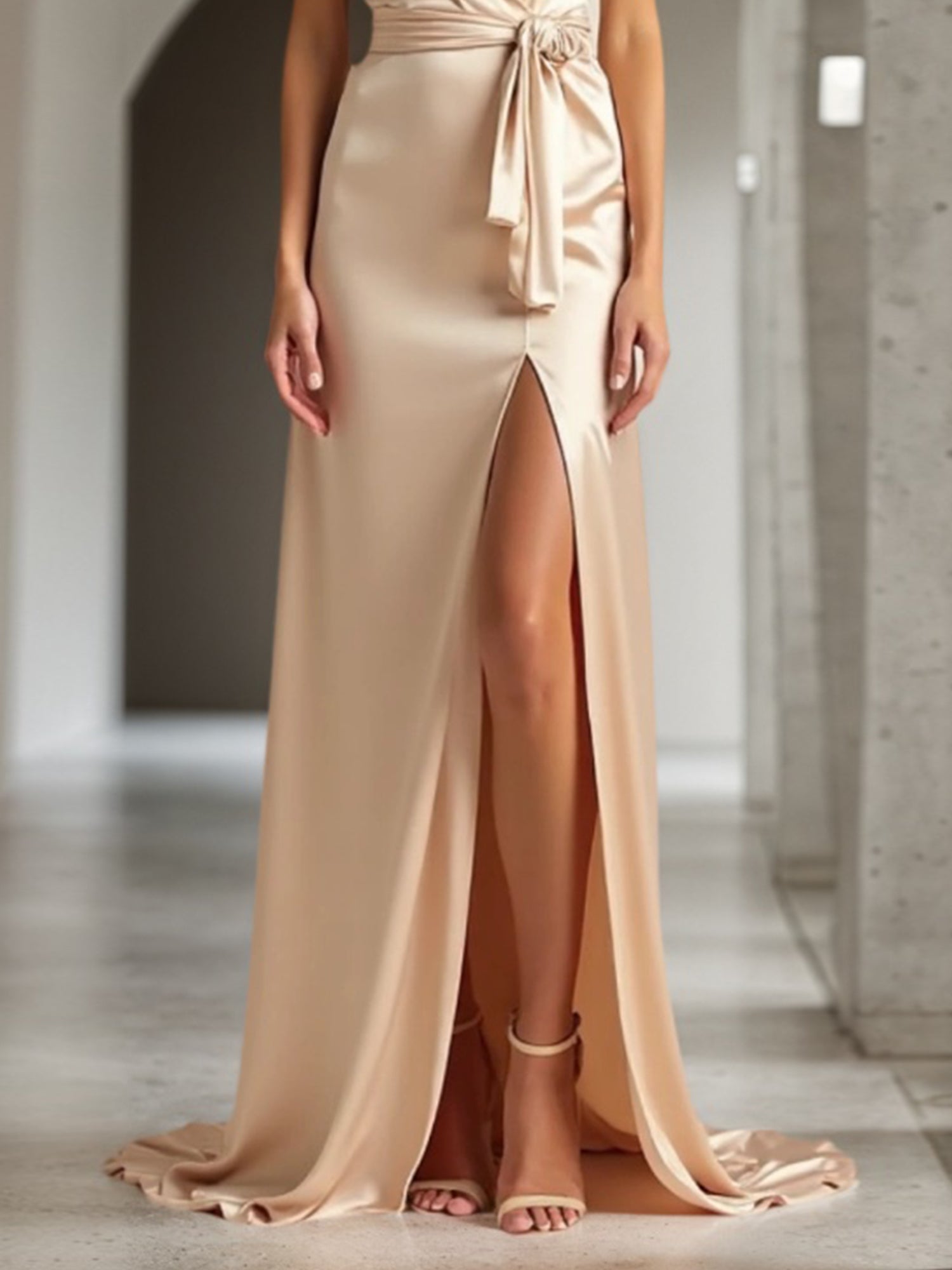 Formal Wedding Guest Satin Dress Champagne V Neck Split Maxi Dress