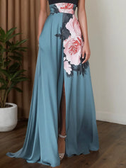 Black Slit Floral Satin Halter Sleeveless A-Line Maxi Dress