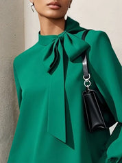 Green Bow Classic Tie Neck Long Sleeve A-Line Mini Dress
