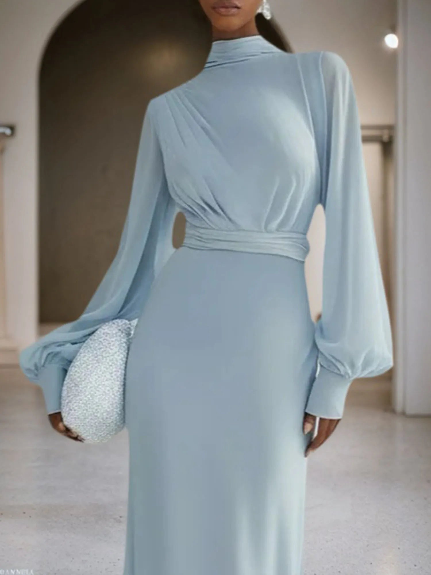 Light Blue Chiffon Mock Neck Long Sleeve Balloon Sleeve A-Line Maxi Dress