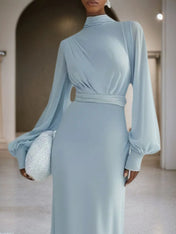 Light Blue Chiffon Mock Neck Long Sleeve Balloon Sleeve A-Line Maxi Dress