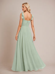 Sage A Line Chiffon Square Neck Floor Length Bridesmaid Dress With Bow