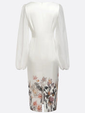 White Mesh Floral V Neck Balloon Sleeve Sheath Midi Satin Dress