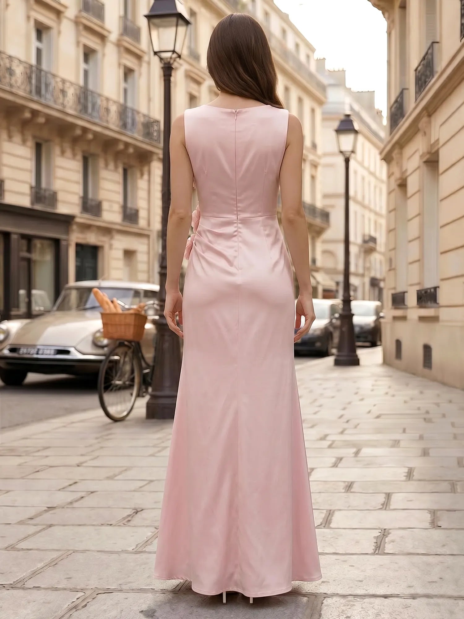 Sleeveless Satin Sheath Evening Gown with 3D Floral Rosettes and Side Slit