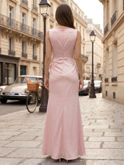 Sleeveless Satin Sheath Evening Gown with 3D Floral Rosettes and Side Slit