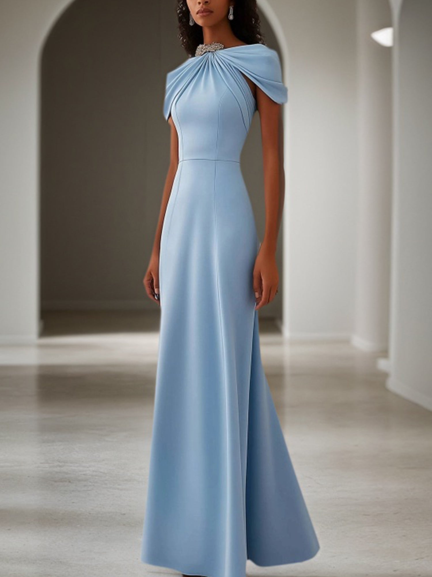 Wedding Guest Formal Dress Light Blue Crystal Embellished Maxi Dress