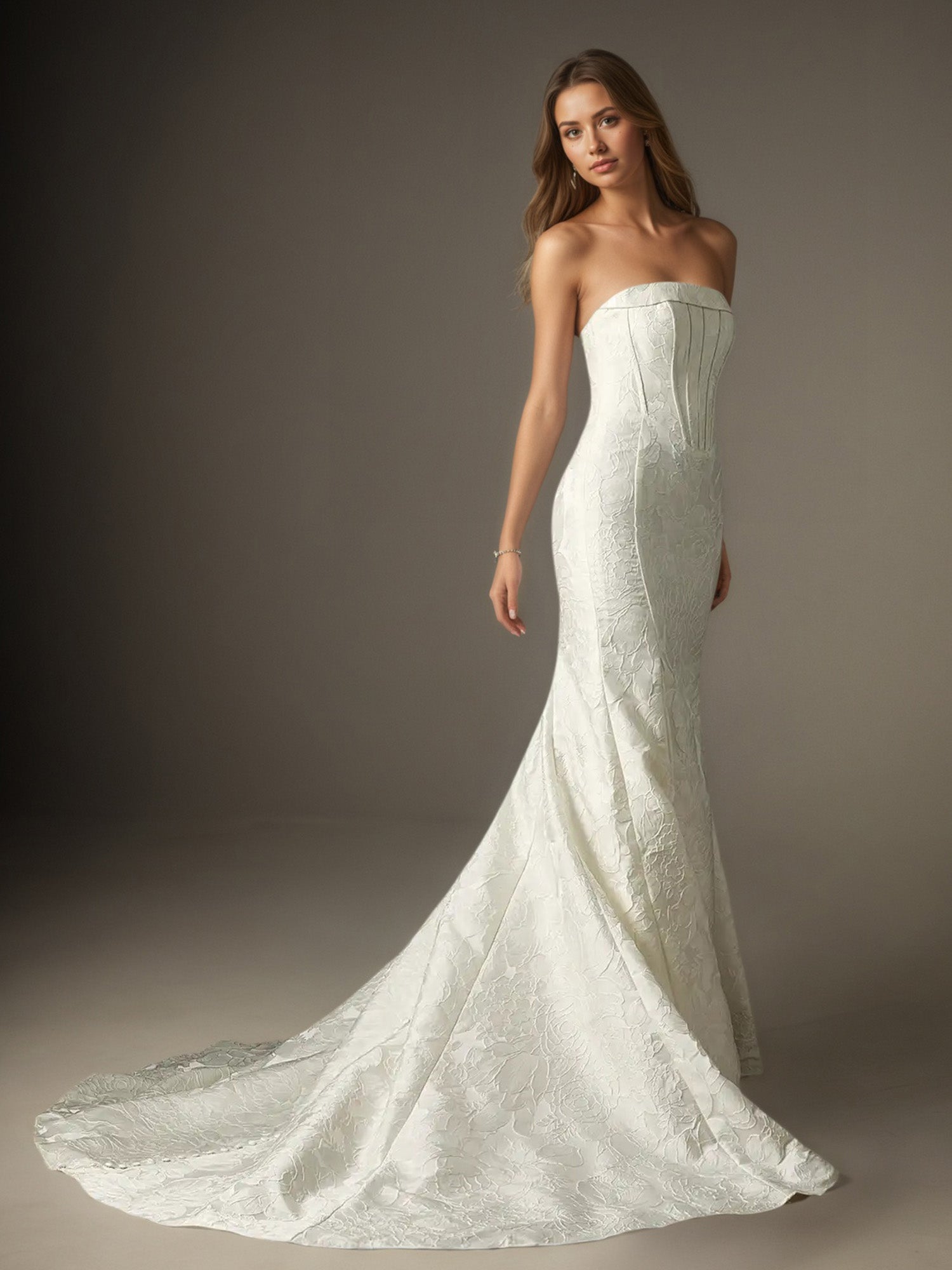 White Mermaid Strapless Floral Jacquard Wedding Dress