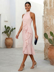 Pink High Neck Chiffon Mermaid Tea Length Evening Dress with Ruffle