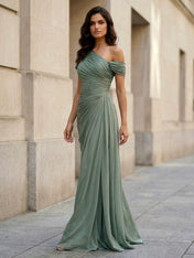 One Shoulder A Line Chiffon Evening Dress with Pleat