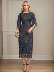 Sheath/Column Scoop Tea-Length Lace Chiffon Mother of the Bride Dress